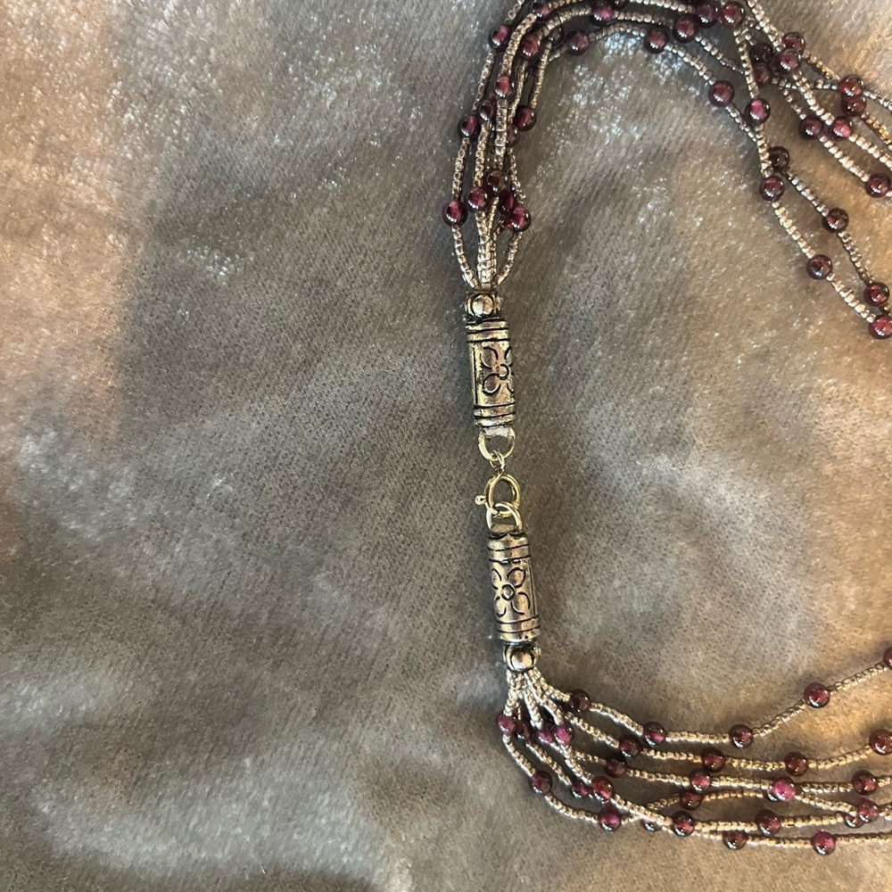 Multi Strand Beaded Necklace Silver Tone Deep Plum Long Statement - Picture 4 of 7